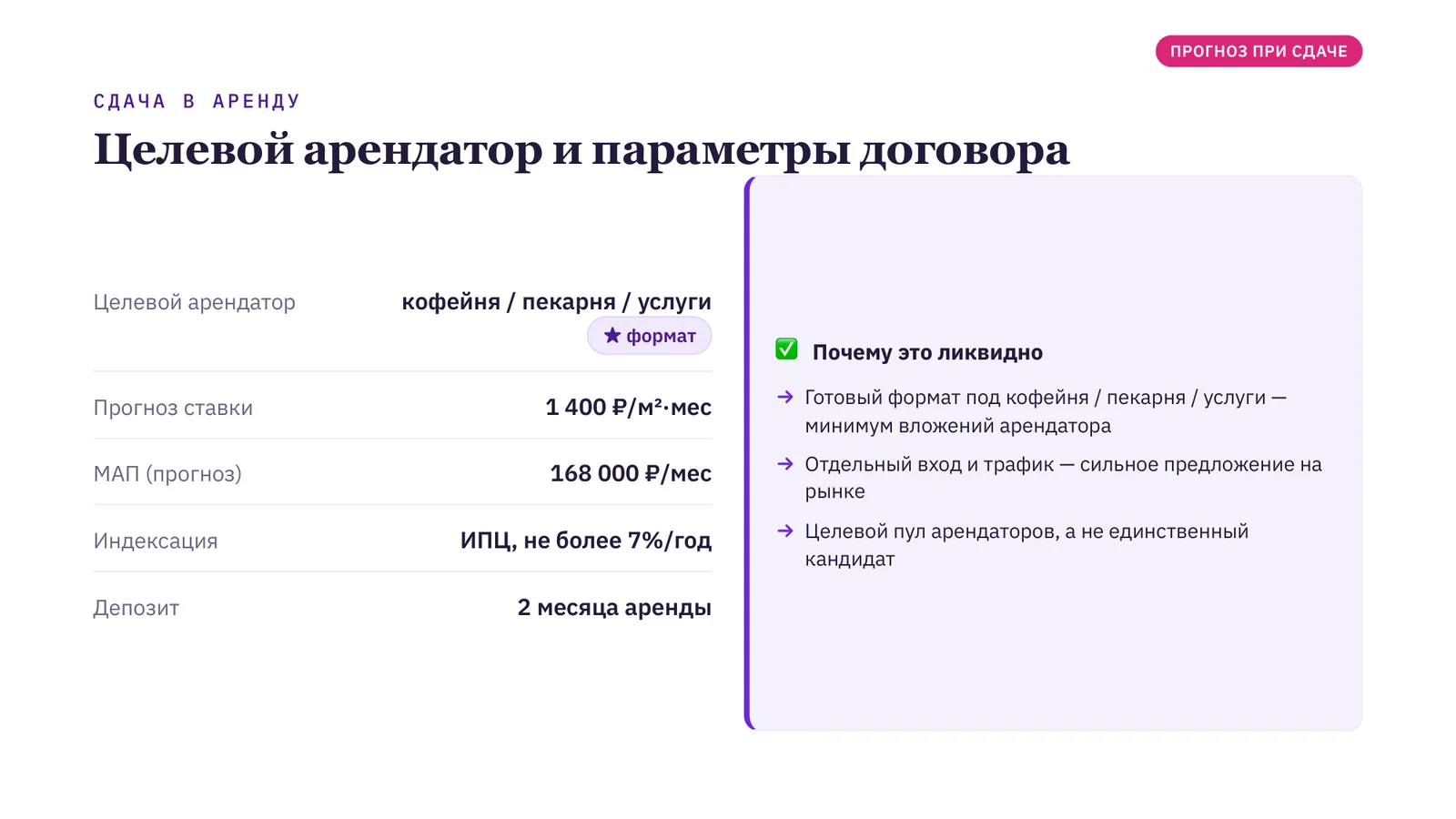 Слайд КП: целевой арендатор и параметры договора